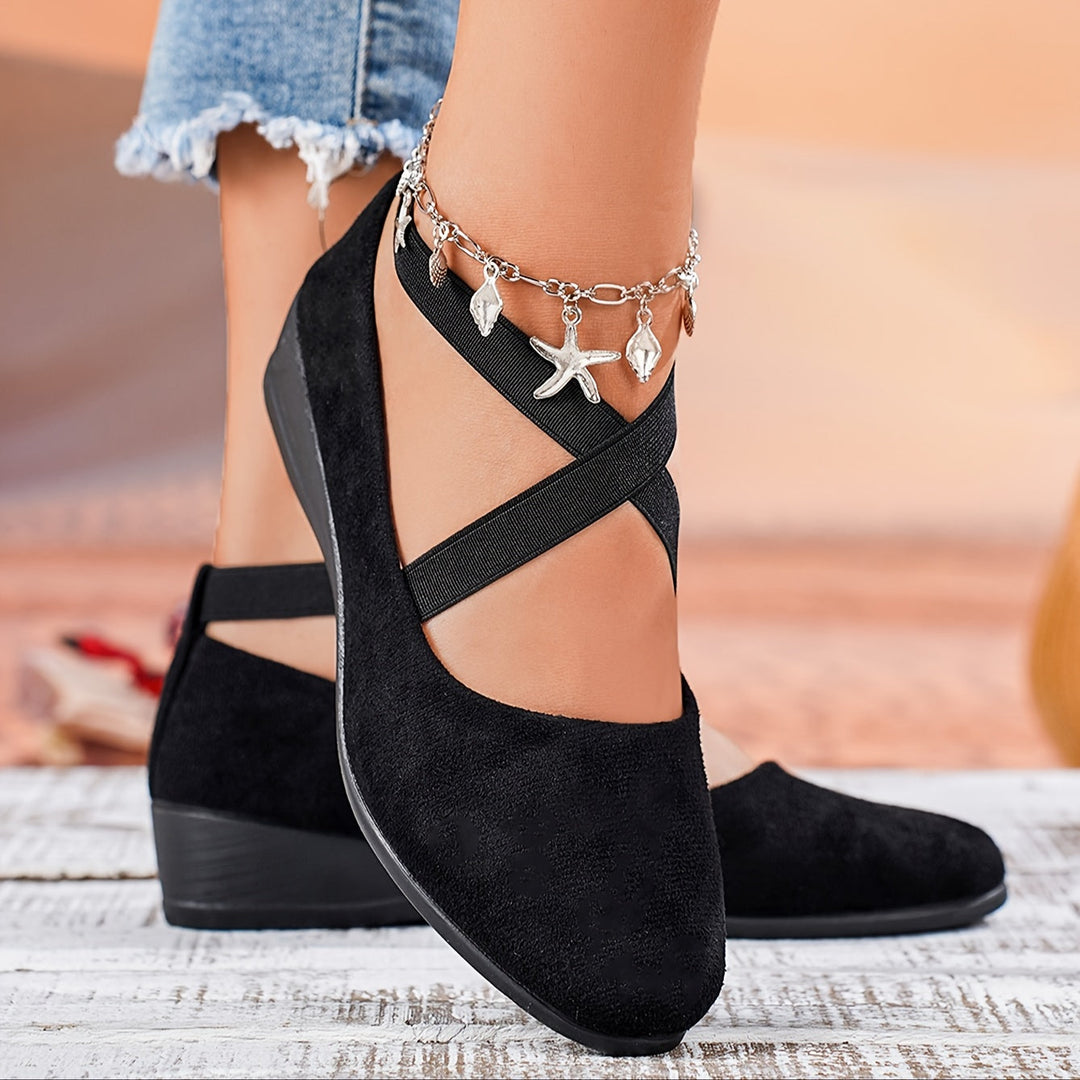 Heidi-Mode | Solide Farben Schuhe, Elastische Kreuzbänder, Bequeme Flache Keile