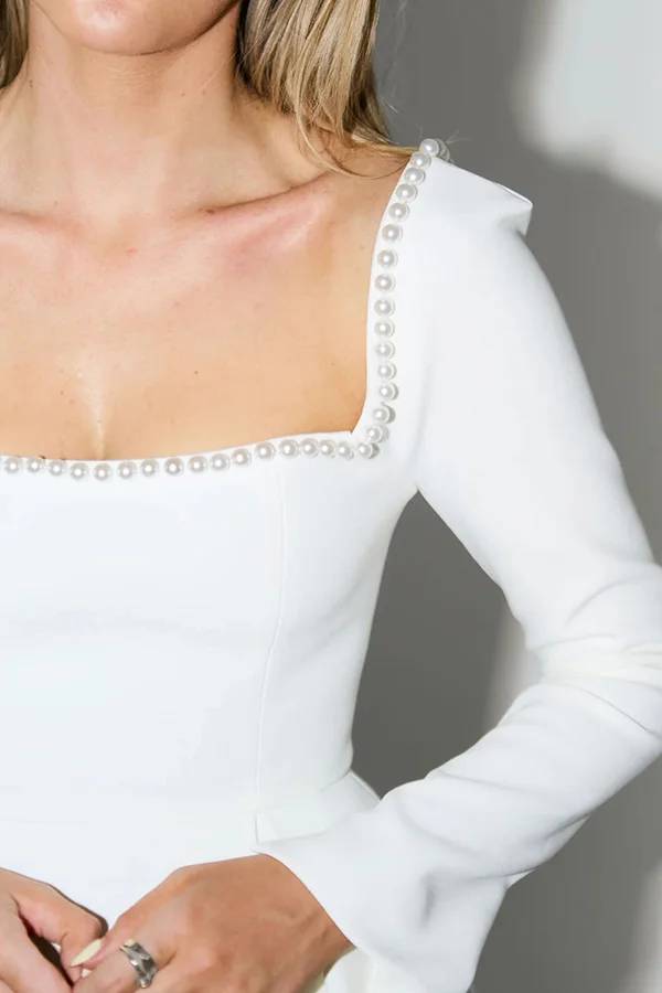 Heidi-Mode | You'Ll Remember Me Perlenverzierte Quadrat-Ausschnitt Langarm Mini Kleid