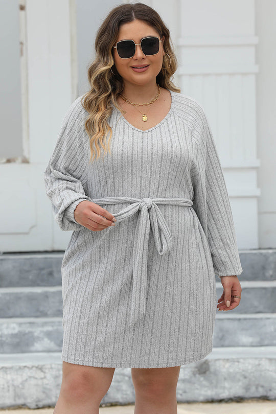 Heidi-Mode | Plus Size Rippstrick Knotenfront Langarm Pullover Kleid