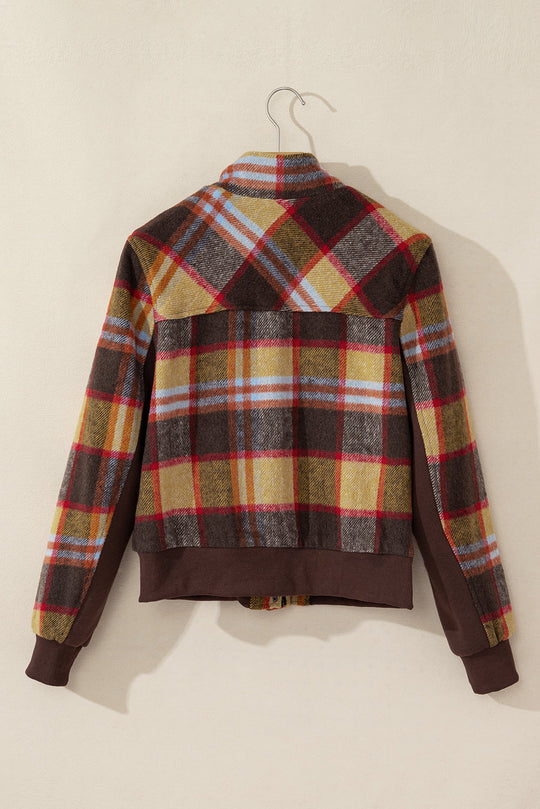 Plaid Print Brusttaschen Knopf Reißverschluss Stehkragen Jacke