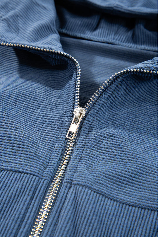 Blaugrüne Cordjacke Mit Kordelzug Und Kapuze Und Reißverschluss