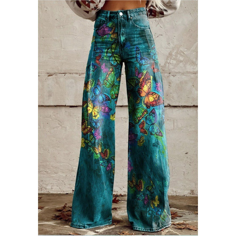 Heidi-Mode | Hochgeschnitten, Locker, Dünne Imitation Denim Hose mit Breitem Bein