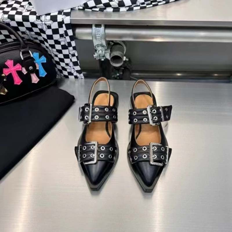 Heidi-Mode | Spitz Zehen Gürtel Schnalle Mules Leder Flach Sandalen