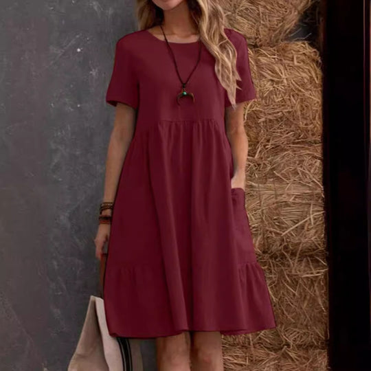 Heidi Mode | Lose Tasche einfarbig Rundhalsausschnitt Kleid