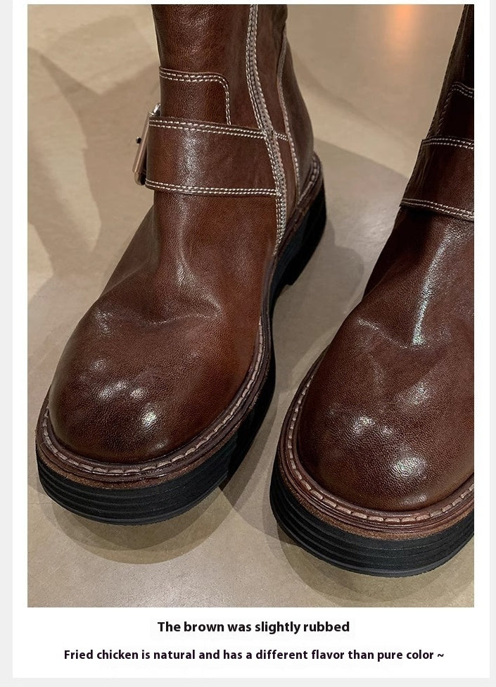 Heidi-Mode | Gewaschenes Leder Rund Bis Oben Chunky Heel Mittelhohe Stiefel Frauen