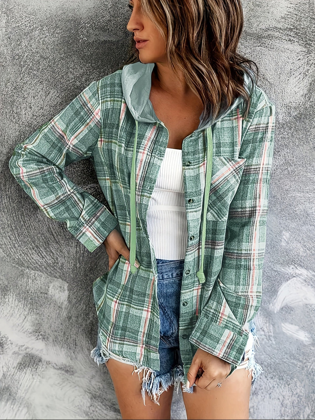 Heidi-Mode | Karierte Jacke mit Kapuze Baumwolle und Polyester Leger und Komfortabel