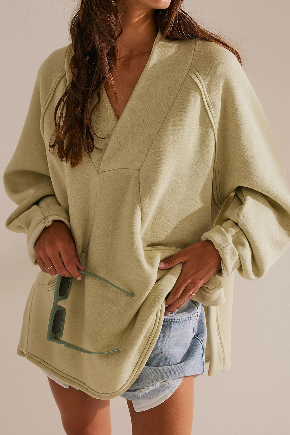 Heidi-Mode | Damen V-Ausschnitt Oversize Pullover Mit Seitentaschen