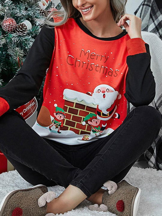 Heidi-Mode | Weihnachtsdesign Splicing Langarm-T-Shirt