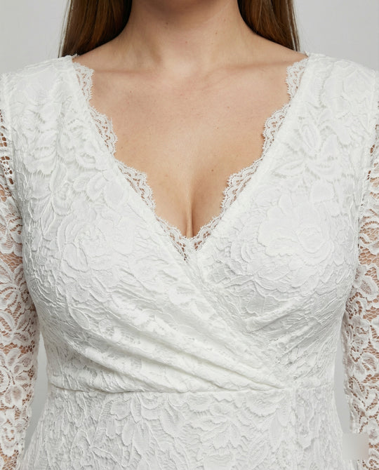 Heidi-Fashion Umstandsmode für Fotoshooting, Babyparty, Hochzeit, Maxikleid, Spitze, V-Ausschnitt, rückenfrei, weiß, elegant