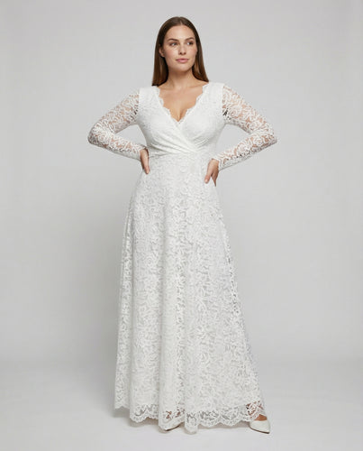 Heidi-Fashion Umstandsmode für Fotoshooting, Babyparty, Hochzeit, Maxikleid, Spitze, V-Ausschnitt, rückenfrei, weiß, elegant