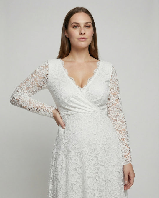 Heidi-Fashion Umstandsmode für Fotoshooting, Babyparty, Hochzeit, Maxikleid, Spitze, V-Ausschnitt, rückenfrei, weiß, elegant