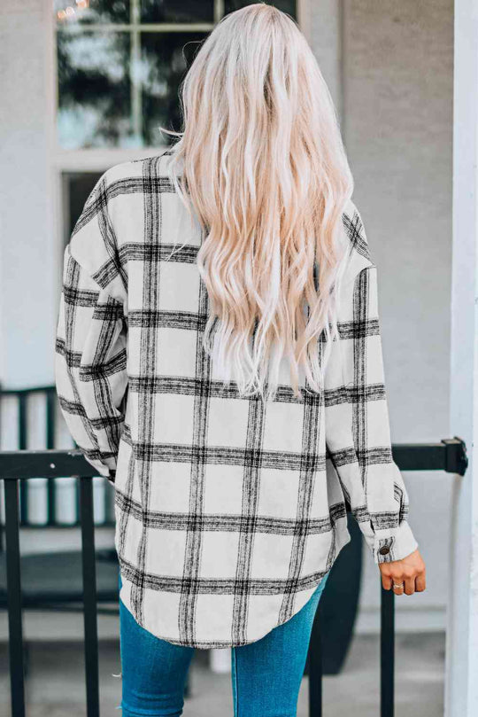 Heidi-Mode | Karo Kurviger Saum Fallende Schulter Langarmhemd Jacke