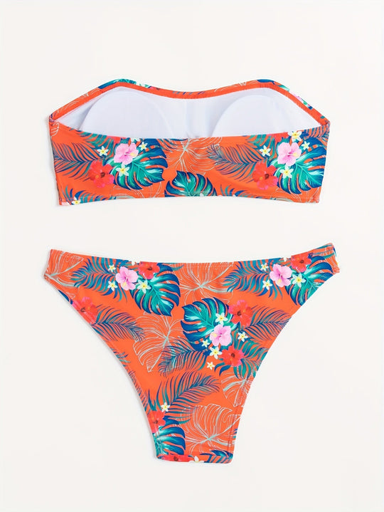 Heidi-Mode | Blauer Bandeau-Bikini Extrem Drückende Blumen, Hohe Taille
