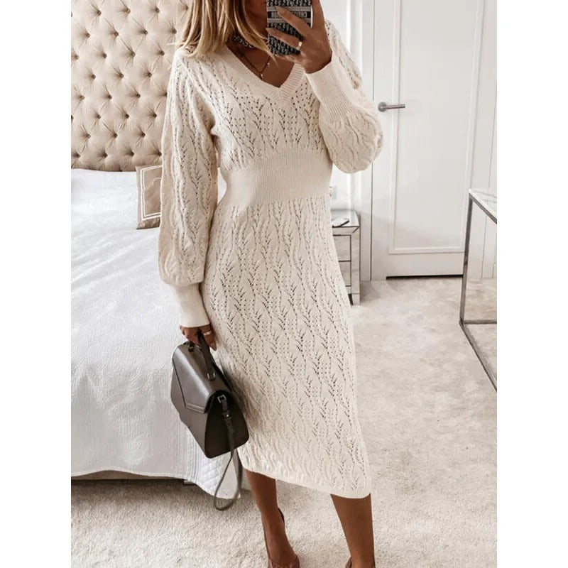 Heidi-Mode | Baumwolle Solid Eyelet Pullover V-Ausschnitt Langarm Midi Festliches Kleid Für Frauen - Ideal Für Formelle Anlässe