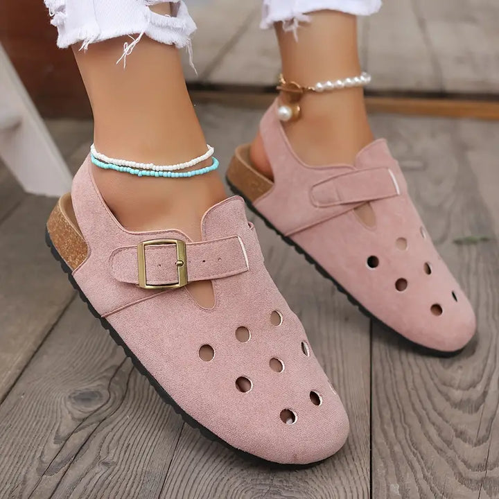 Retro-Hohlkork-Clogs mit Schnallenriemen an der Spitze