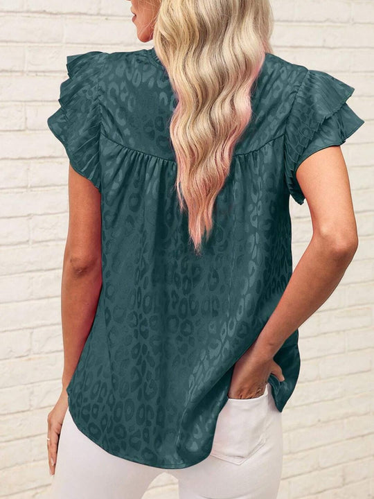 Heidi-Mode | Leopard Frill Mock Neck Rüschenshirt mit Cap Sleeves
