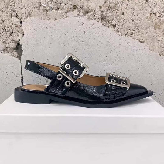 Heidi-Mode | Spitz Zehen Gürtel Schnalle Mules Leder Flach Sandalen