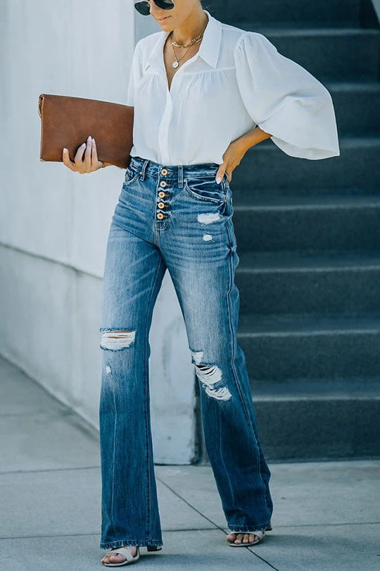 Heidi-Mode | Marcos Hohe Taille Distressed Knopf 90'S Flare Denim