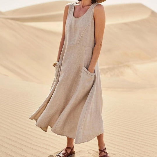 Heidi Mode | Ärmelloses Kleid aus Baumwolle und Leinen mit Rundhalsausschnitt und Tasche