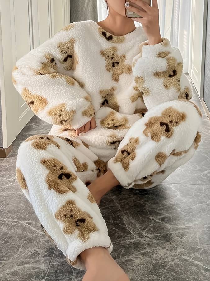 Heidi-Mode - Bequemes weißes Bärenmotiv Loungewear-Set für Damen