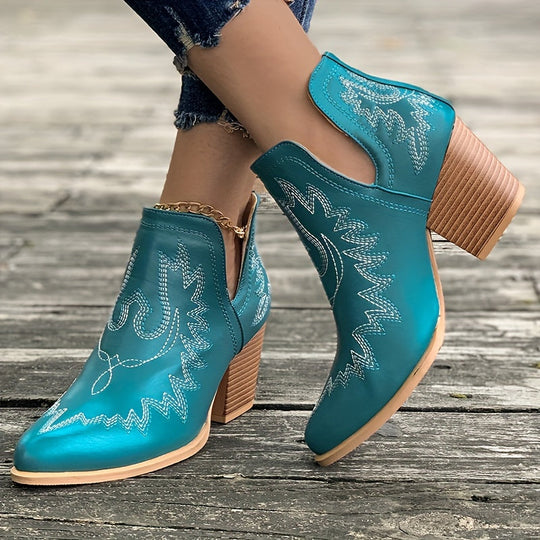 Heidi-Mode | Damen Westernstiefel mit Blockabsatz und Retro-Stickerei