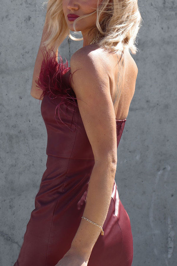 Heidi-Mode | Be A-Star Kunstleder Federbesatz Midi Kleid