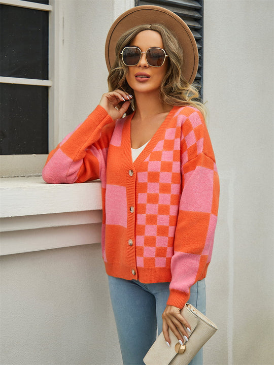 Heidi-Mode | Karierter V-Ausschnitt Gefallene Schulter Cardigan