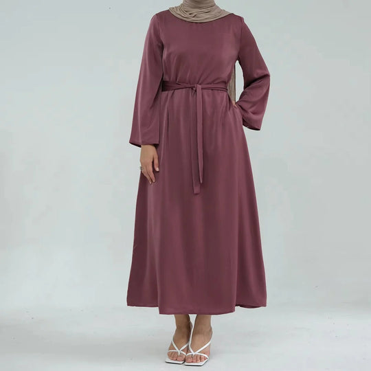 Heidi-Mode | Muslimische Frauen Einfarbige Satin Abaya Kleid mit Tasche und Gürtel