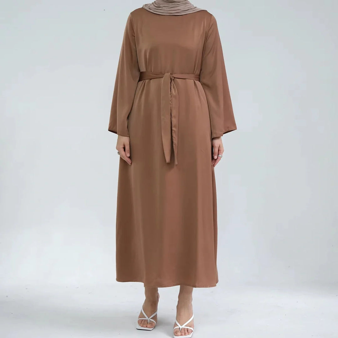 Heidi-Mode | Muslimische Frauen Einfarbige Satin Abaya Kleid mit Tasche und Gürtel