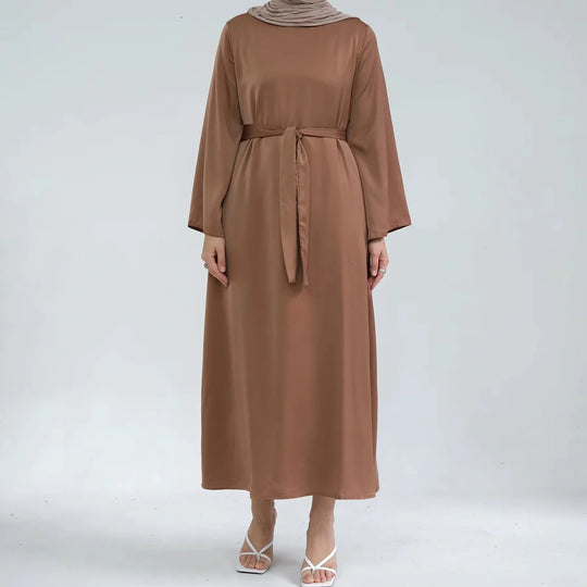Heidi-Mode | Muslimische Frauen Einfarbige Satin Abaya Kleid mit Tasche und Gürtel