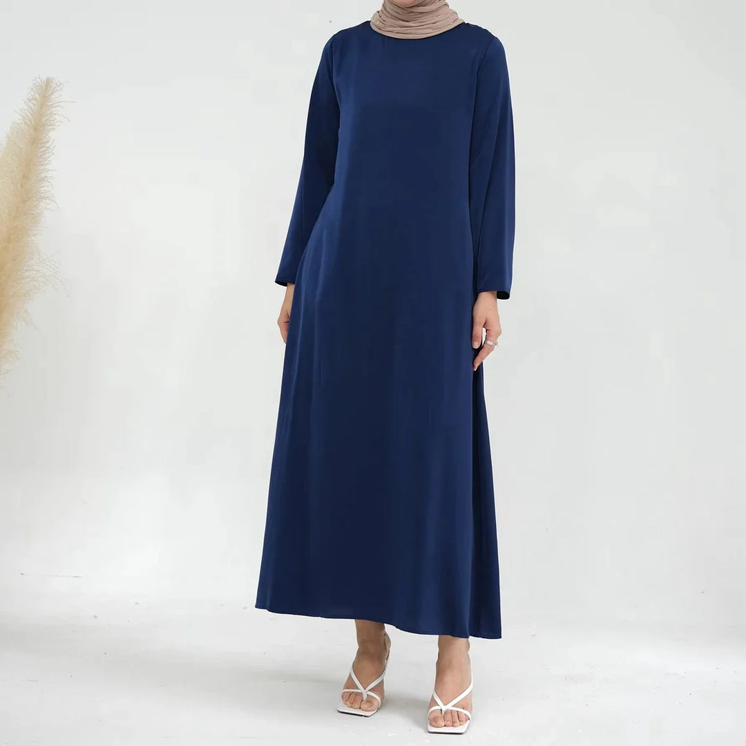 Heidi-Mode | Muslimische Frauen Einfarbige Satin Abaya Kleid mit Tasche und Gürtel