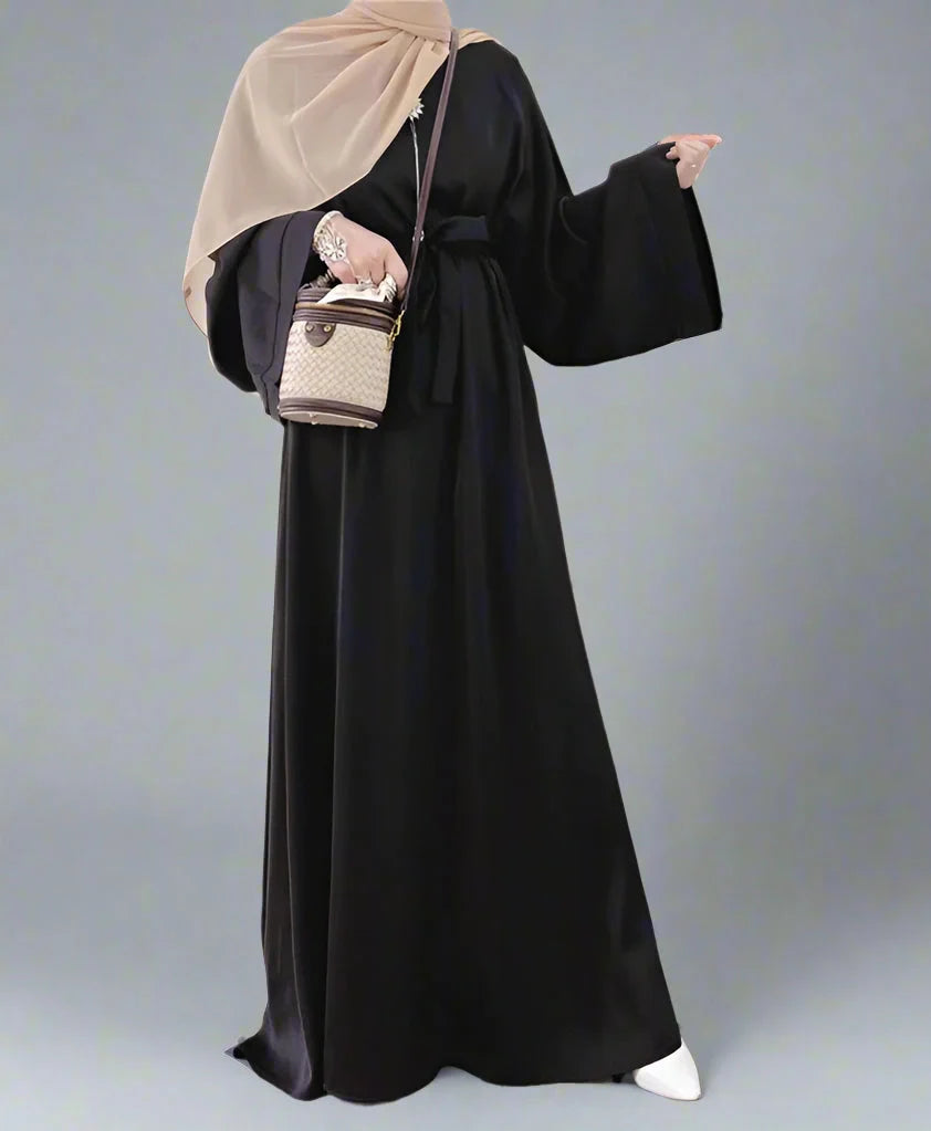 Heidi-Mode | Muslimische Frauen Einfarbige Satin Abaya Kleid mit Tasche und Gürtel