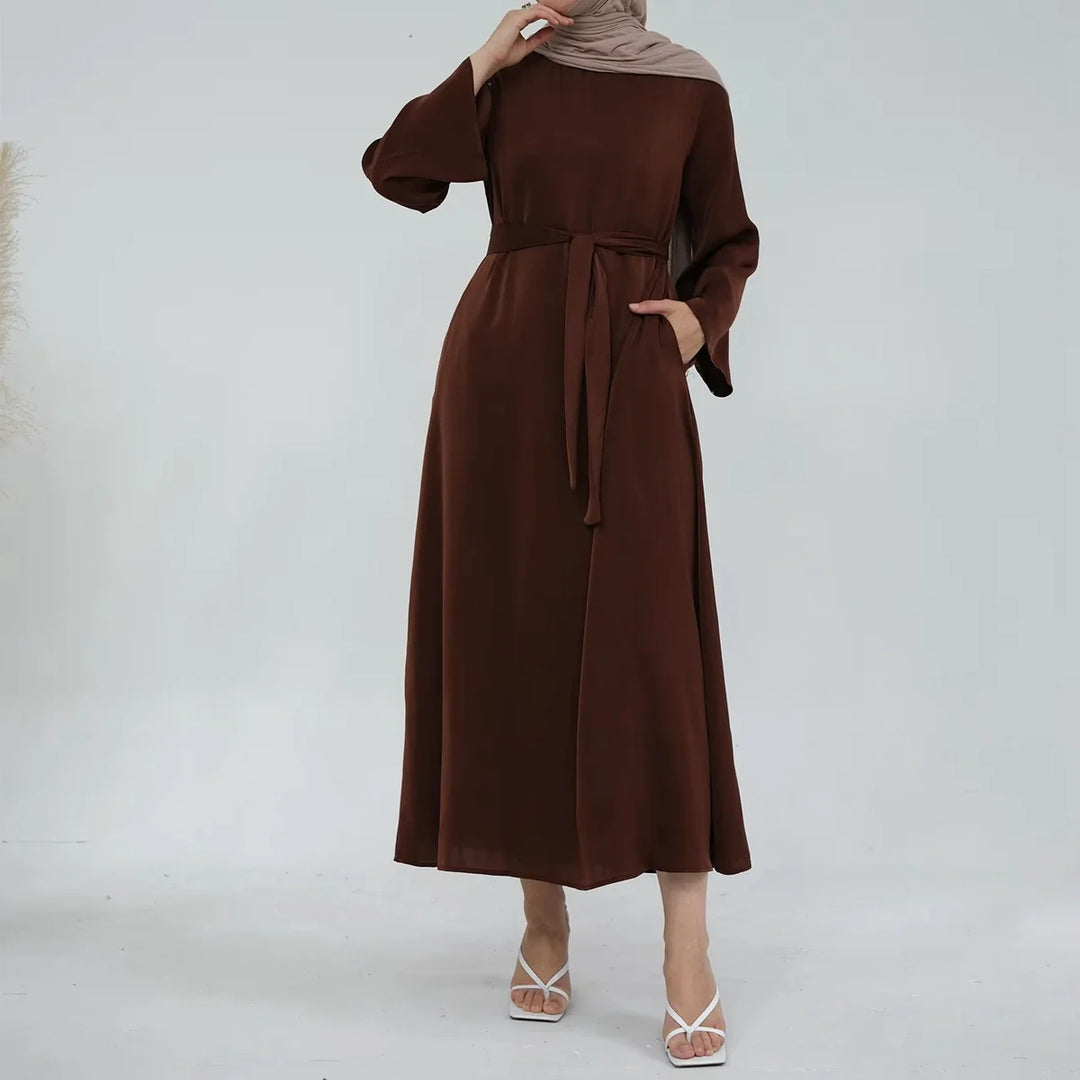 Heidi-Mode | Muslimische Frauen Einfarbige Satin Abaya Kleid mit Tasche und Gürtel