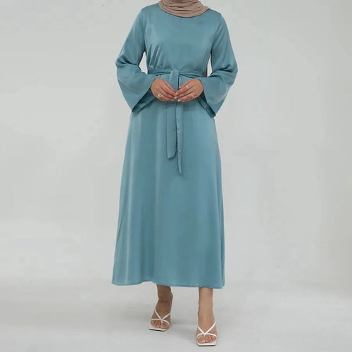 Heidi-Mode | Muslimische Frauen Einfarbige Satin Abaya Kleid mit Tasche und Gürtel