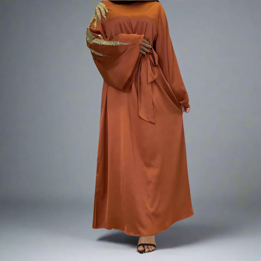 Heidi-Mode | Muslimische Frauen Satin Stickerei Abaya Kleid