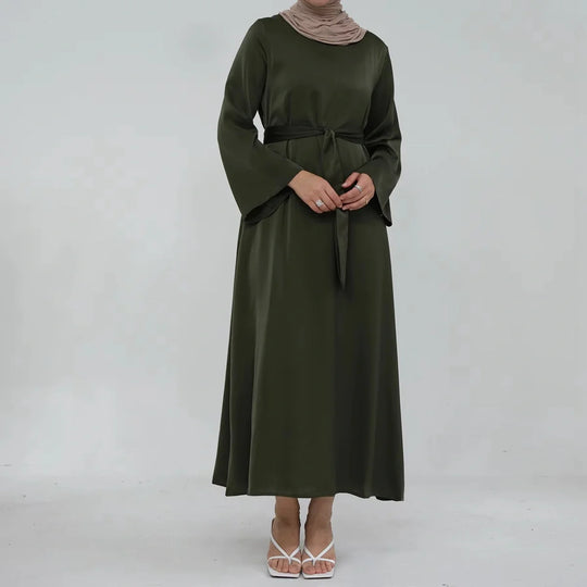 Heidi-Mode | Muslimische Frauen Einfarbige Satin Abaya Kleid mit Tasche und Gürtel