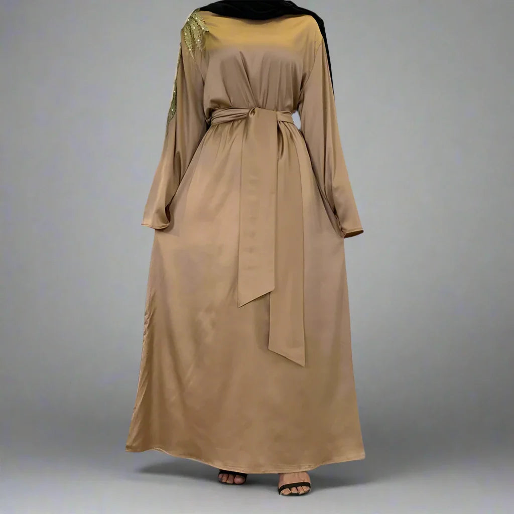 Heidi-Mode | Muslimische Frauen Satin Stickerei Abaya Kleid