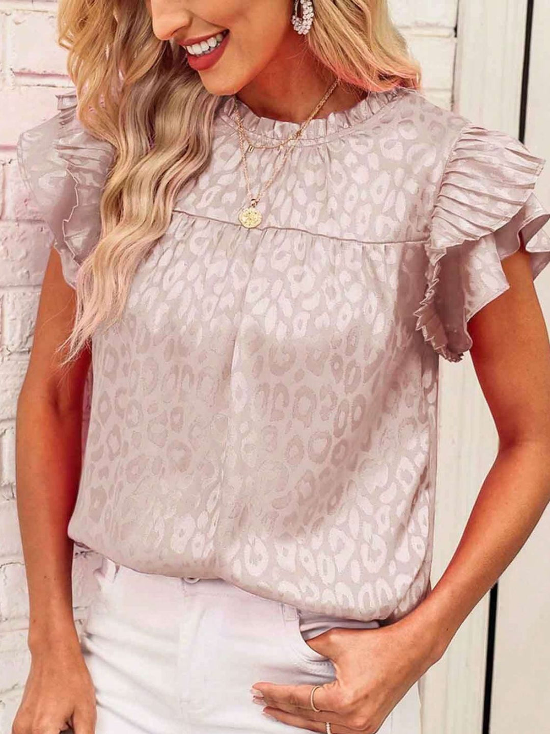 Heidi-Mode | Leopard Frill Mock Neck Rüschenshirt mit Cap Sleeves