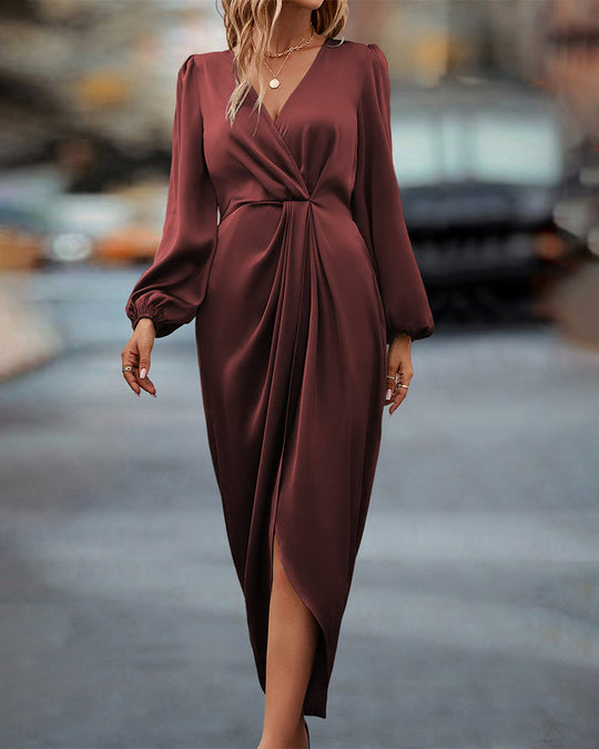 Heidi-Mode | V-Ausschnitt Kleid mit Laternenärmel für Damen