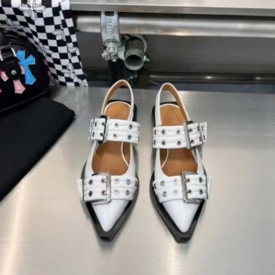 Heidi-Mode | Spitz Zehen Gürtel Schnalle Mules Leder Flach Sandalen