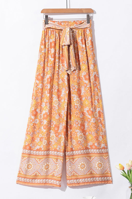 Orange Krawatte Taille Boho Floral Wide Leg Hose