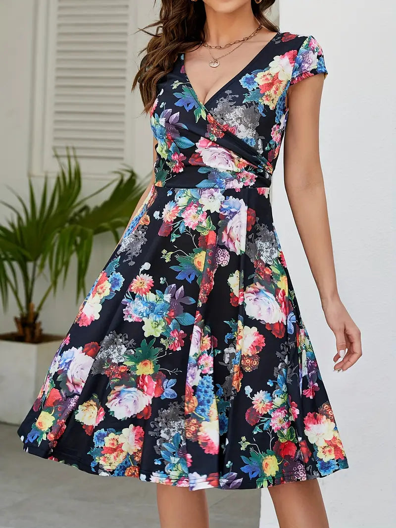 Blumen Print Kurzärmeliges Damen Kleid