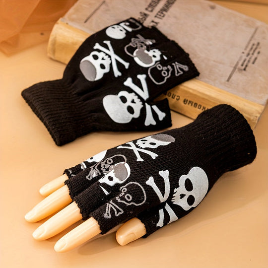 Heidi-Mode | Fingerlose Handschuhe mit Halloween Schädelmuster
