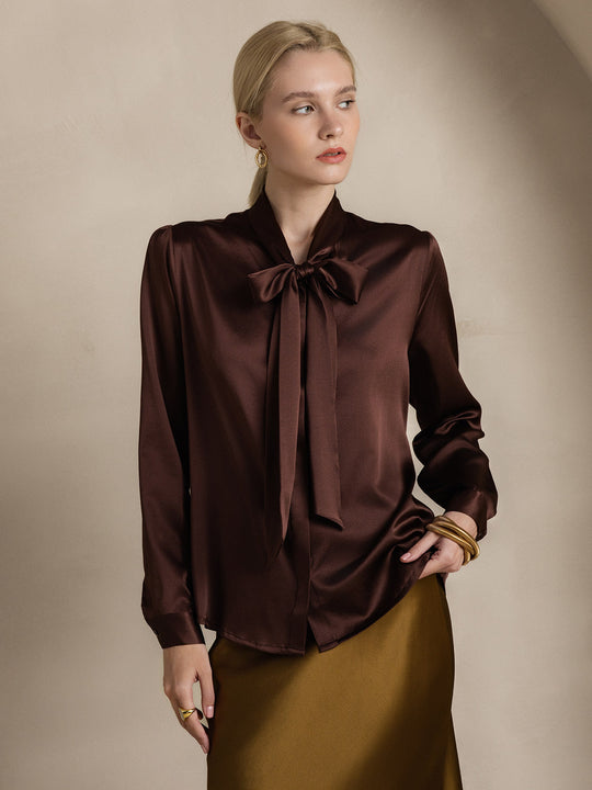 Heidi-Mode | Damen Elegante Seidenbluse mit Schlipskragen und Langen Ärmeln