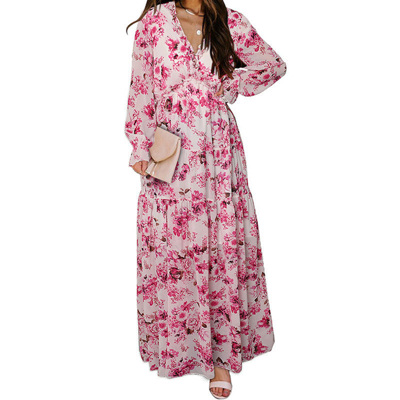 Heidi-Mode | Druck Kleid mit Langen Ärmeln und V-Ausschnitt