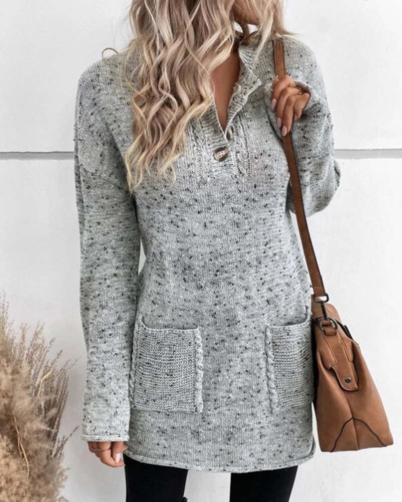 Heidi-Mode | Stylischer grauer langer Pullover mit Taschen für den Winter Damen
