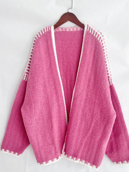 Heidi-Mode | Double Take Kontrast Offene Vorderseite Herunterfallende Schulter Strickjacke
