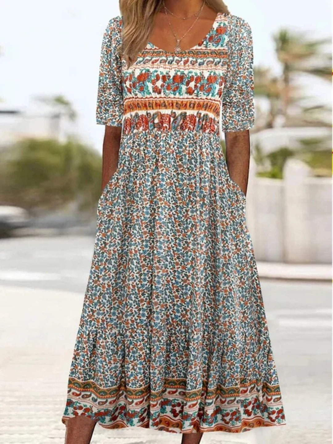 Heidi Mode | Rundhalsausschnitt Kurzarm Bohemian Print Kleid Frauen