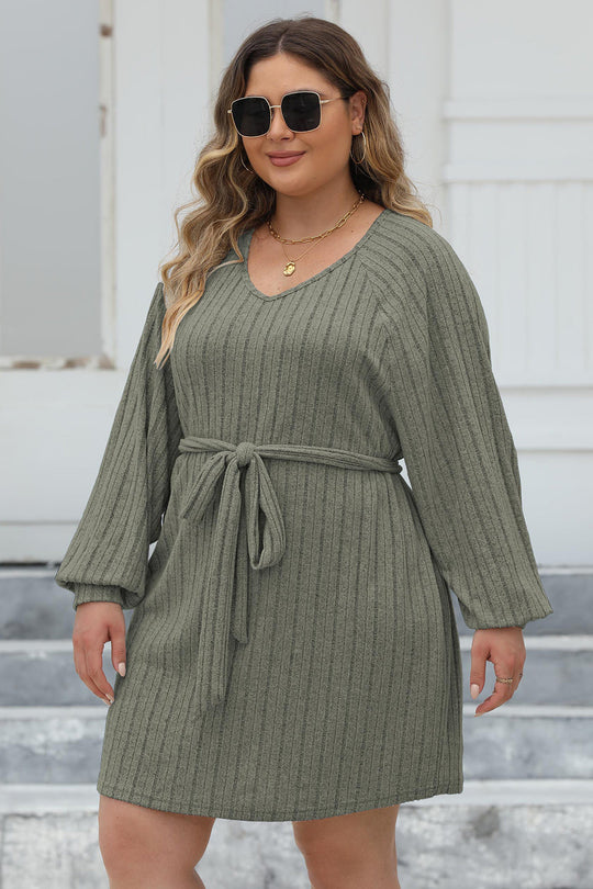 Heidi-Mode | Plus Size Rippstrick Knotenfront Langarm Pullover Kleid