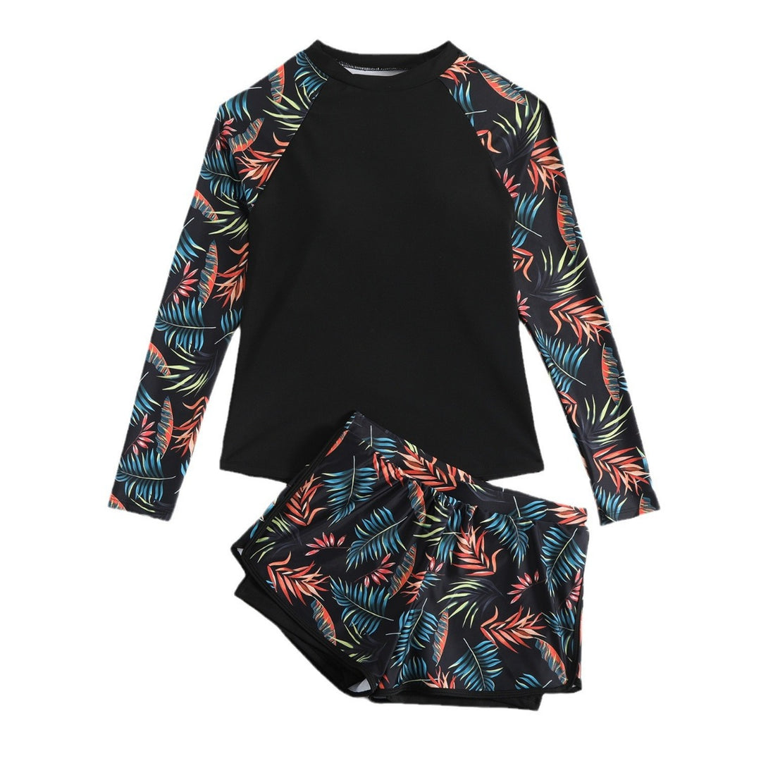 Heidi Mode | Langarm Print Spleißen Doppelhose Tankini Badeanzug
